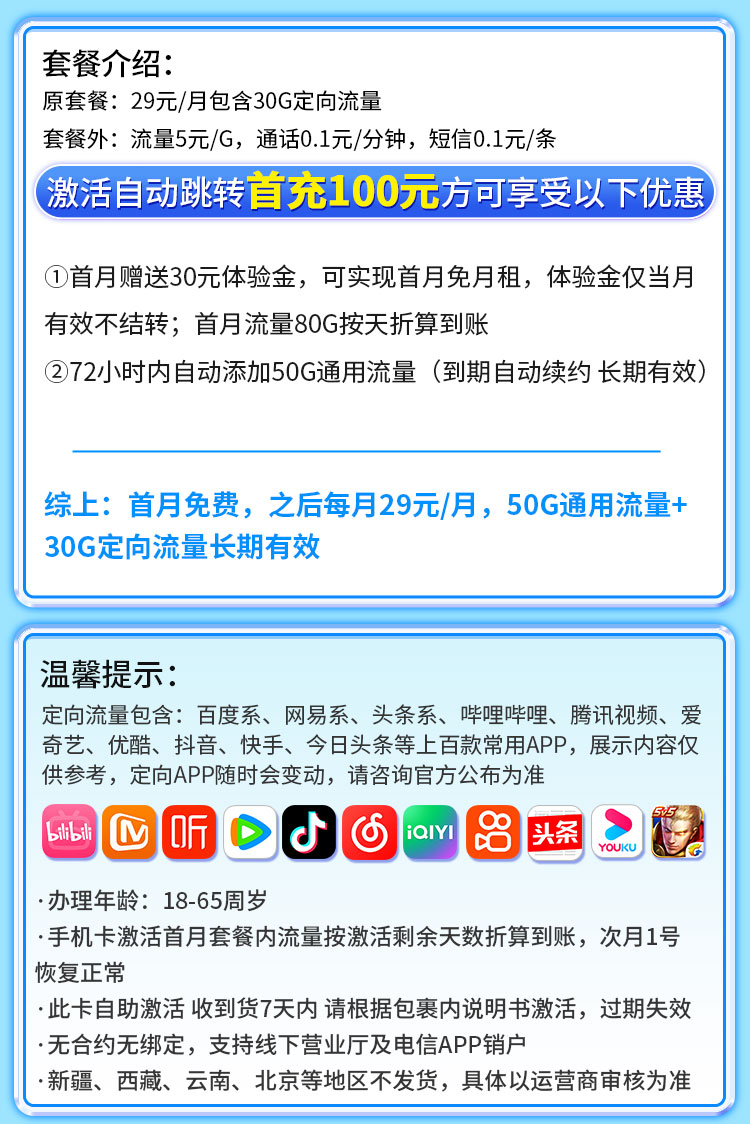电信龙凤卡29元80G长期套餐+可选号海报图