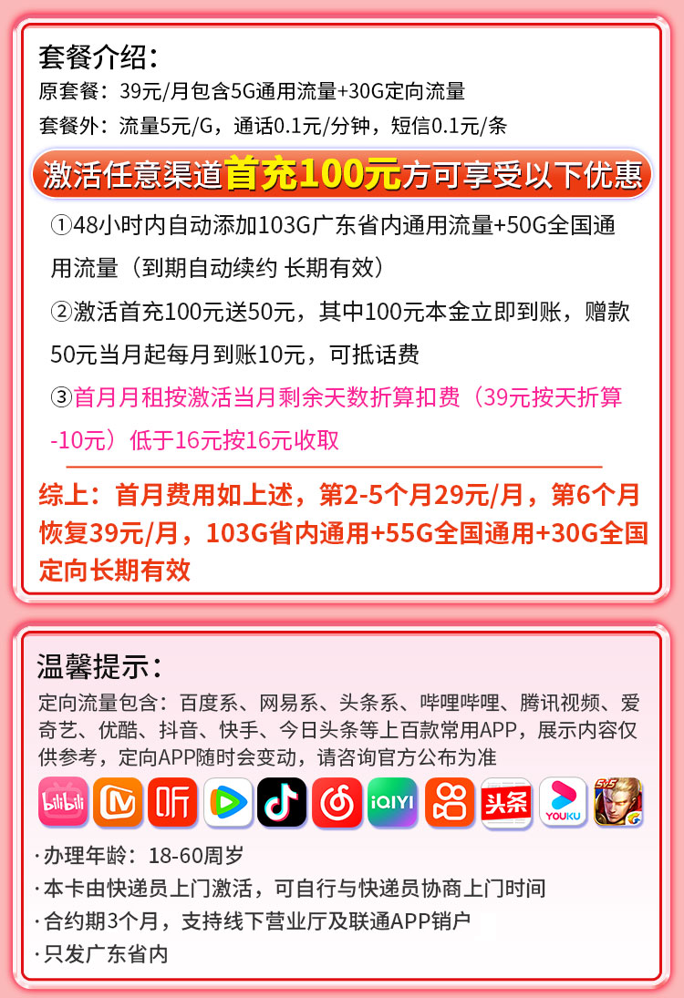 联通粤空卡29元188G海报图