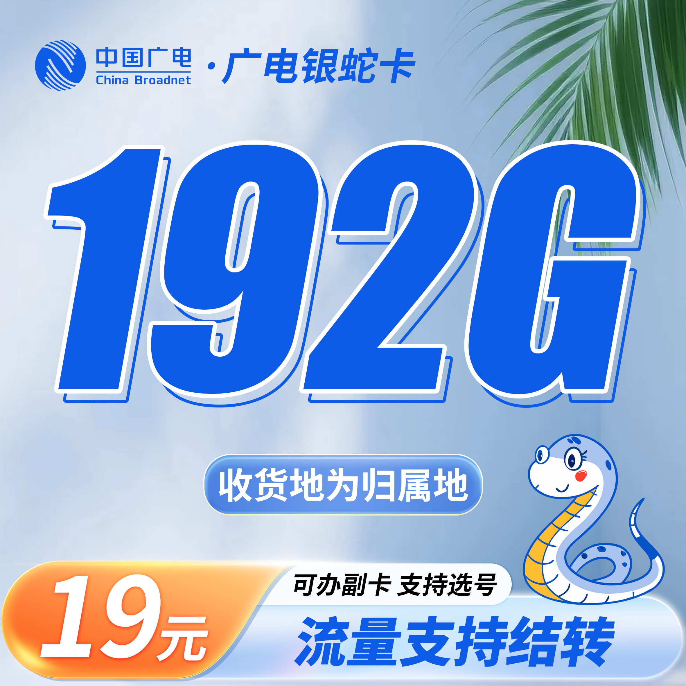 广电银蛇卡19元192G通用流量(流量支持结转)+可选号