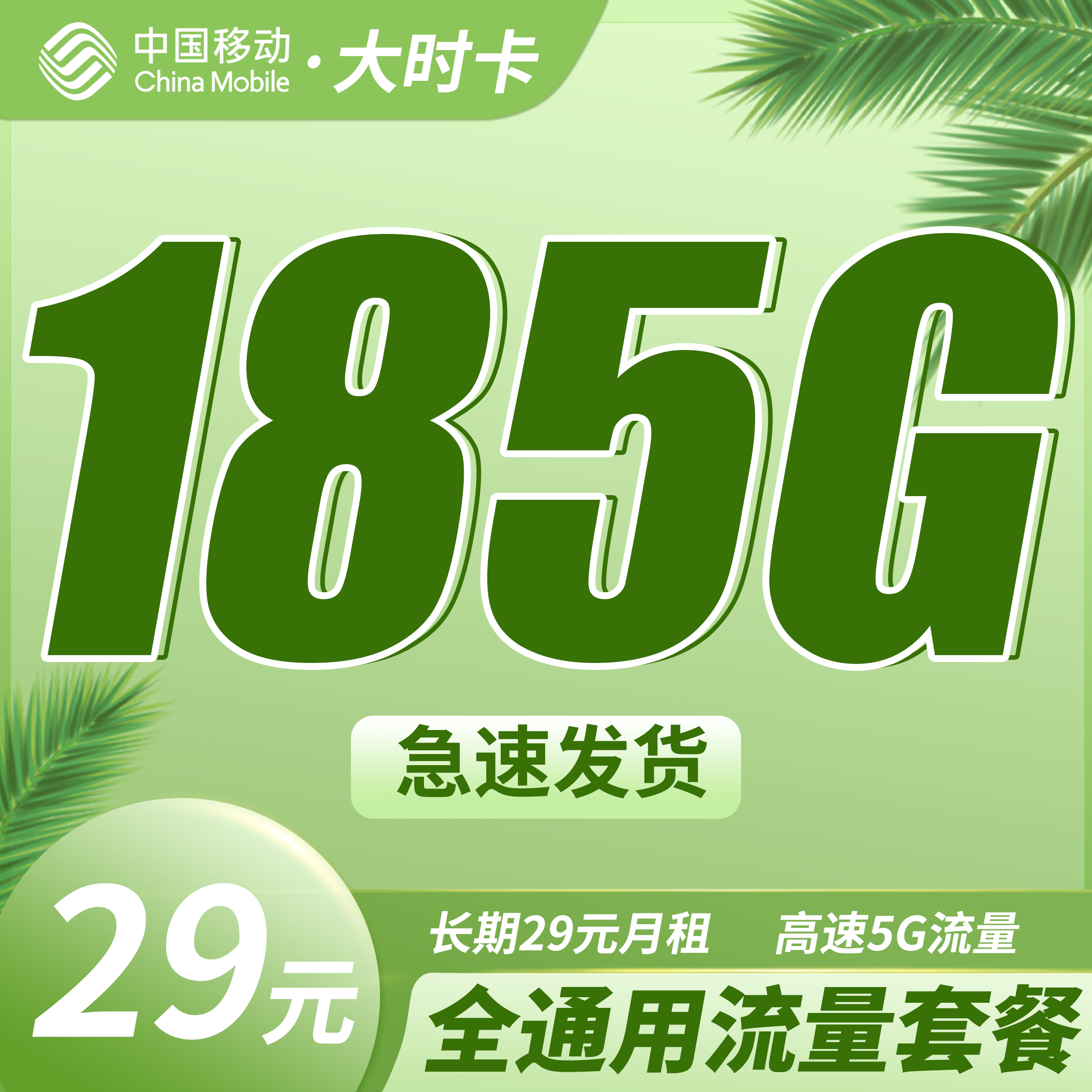 移动大时卡29元185G全通用流量